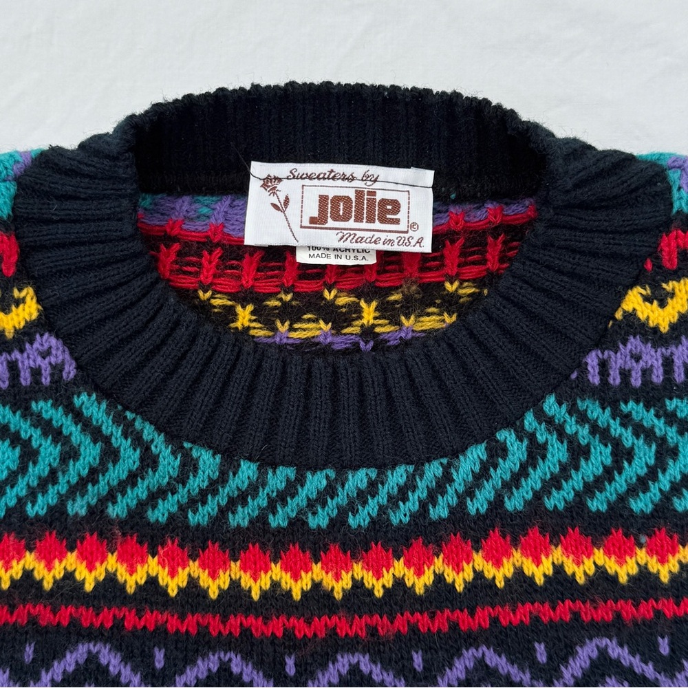 Vintage 80s Sweaters by Jolie Multicolor Knit Geometric Crew Sweater - Picture 6 of 7